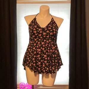 Pink roses on black field babydoll fit high/low tie close T-back top size 3X